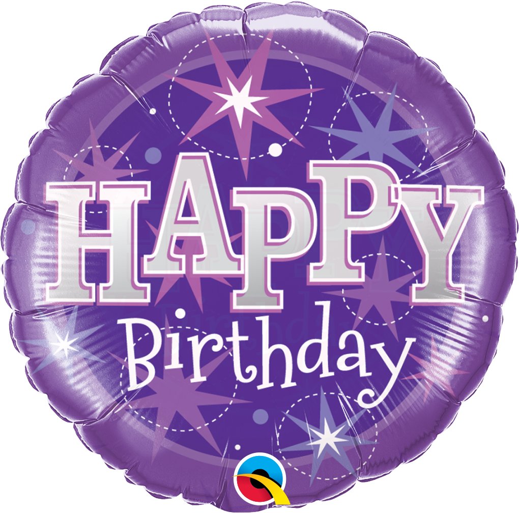 round purple/violet happy birthday balloon with sparkle stars