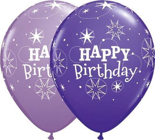 violet and lilac balloon with stars and happy birthday