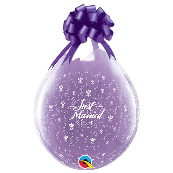 diamond clear purple/violet drop shaped just married stuffing balloon with white small flowers and gift ribbon