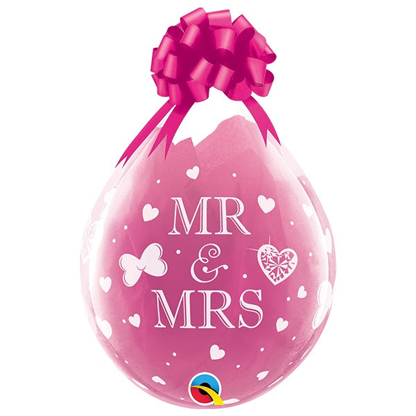 diamond clear pink drop shaped Mr & Mrs stuffing balloon with gift ribbon