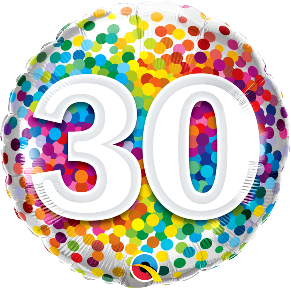 round rainbow confetti balloon with the number 30