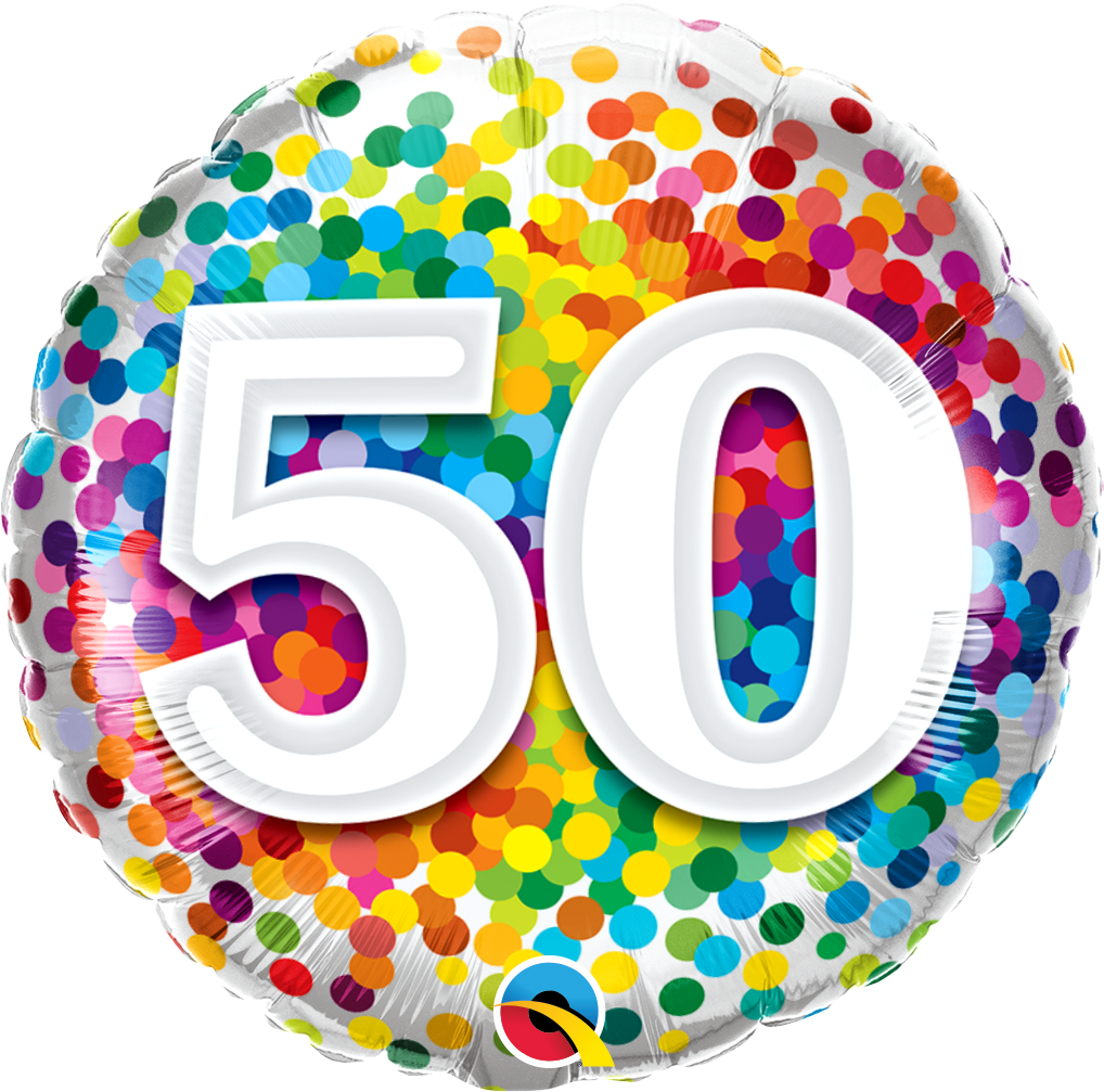 round rainbow confetti balloon with the number 50