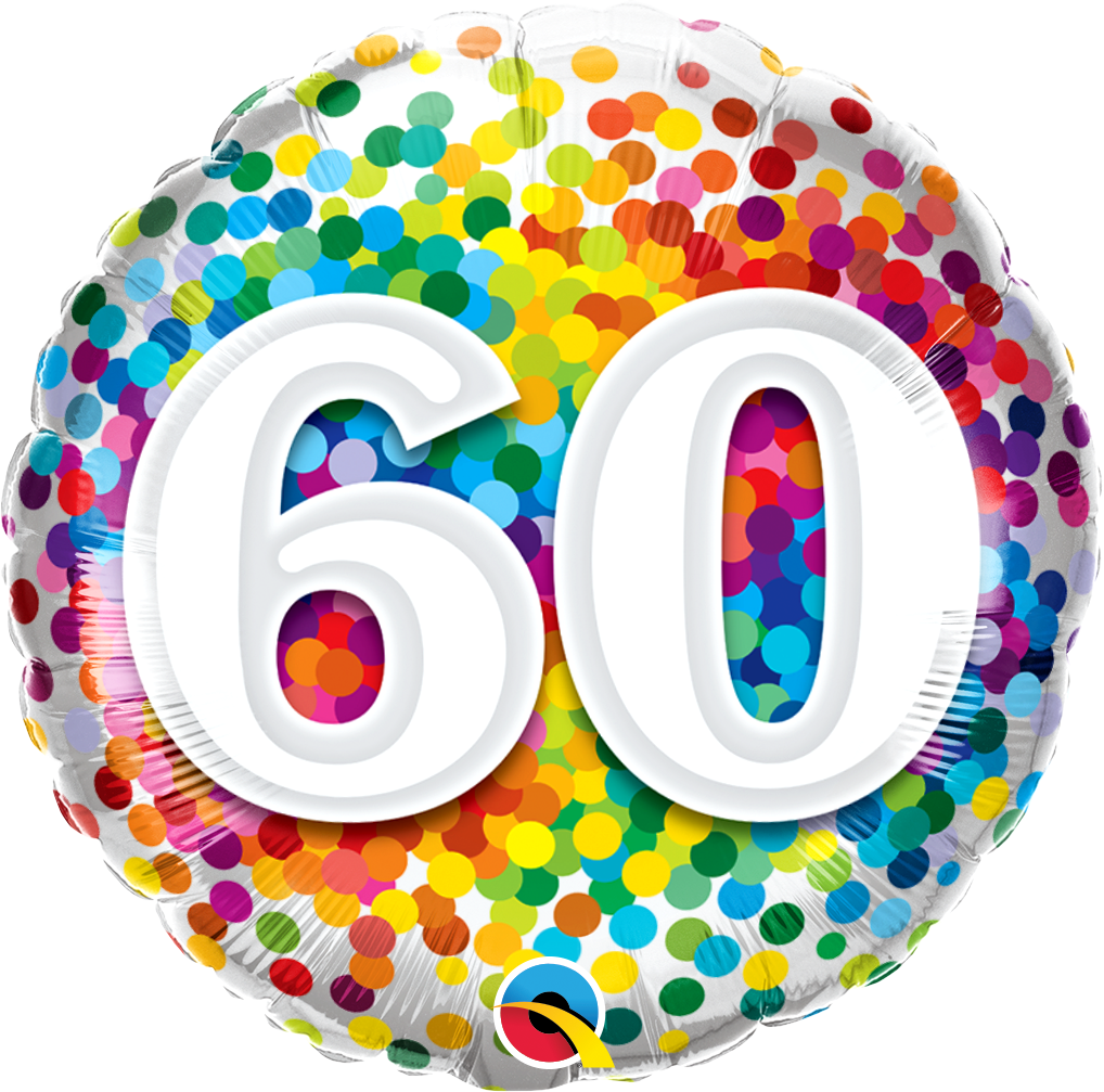 round rainbow confetti balloon with the number 60
