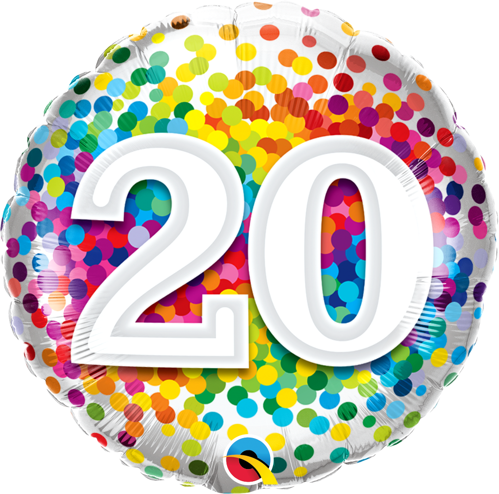 round rainbow confetti balloon with the number 20