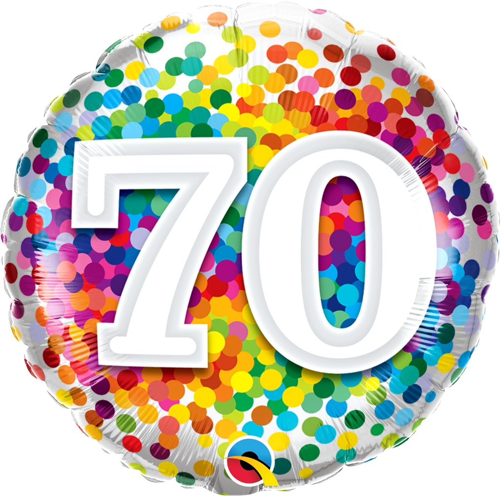 round rainbow confetti balloon with the number 70