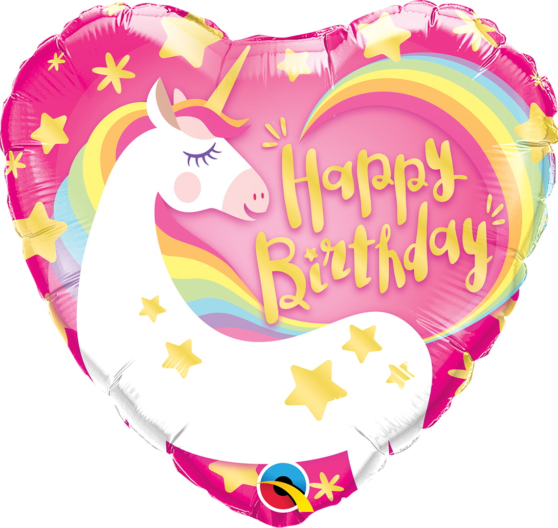 pink heart shaped happy birthday balloon with unicorn and yellow stars