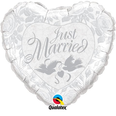 pearl white and silver heart shaped just married balloon with doves