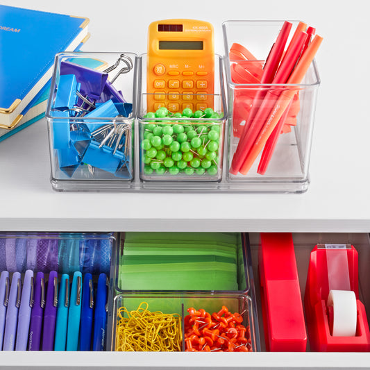 Adjustable Drawer Organizers, Plastic Desk Storage Bins (Blue, 4