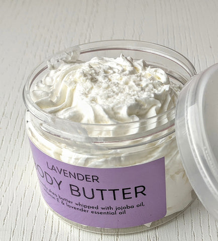 A large tub of Wild Venus Whipped Body Butter scented with Lavender essential oil.