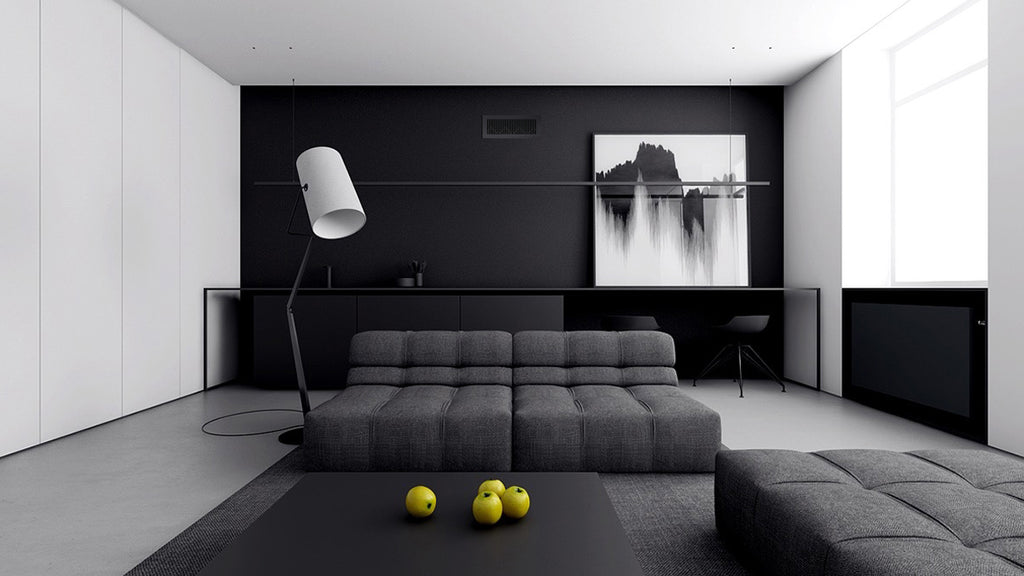Black and white living room with black register that blends into the black wall.