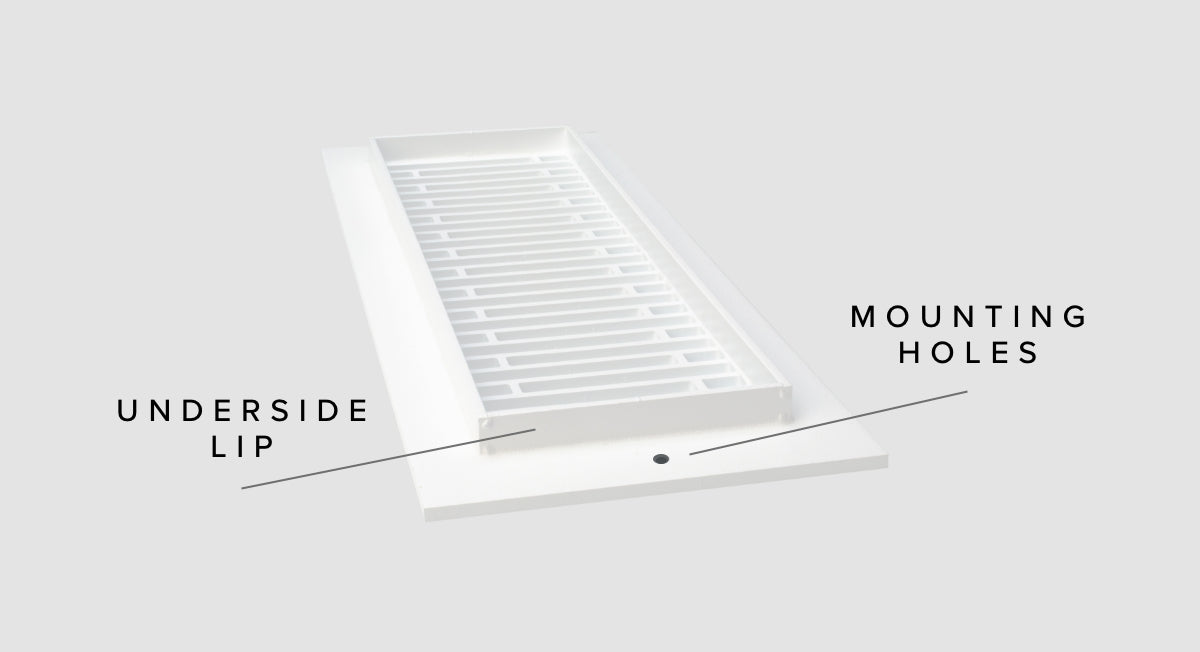 Illustration of the underside of a register showing the mounting holes and the underside lip.