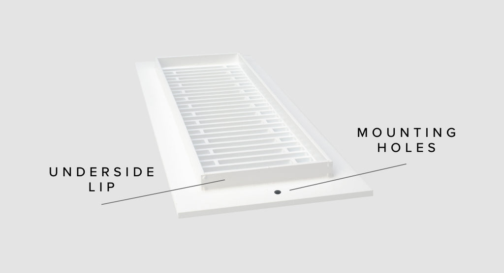 Diagram of the underside of a register with an underside lip and mounting holes.