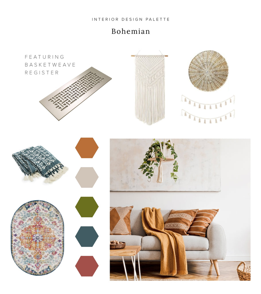 Mood board featuring Bohemian style with warm colors and geometric patterns. 