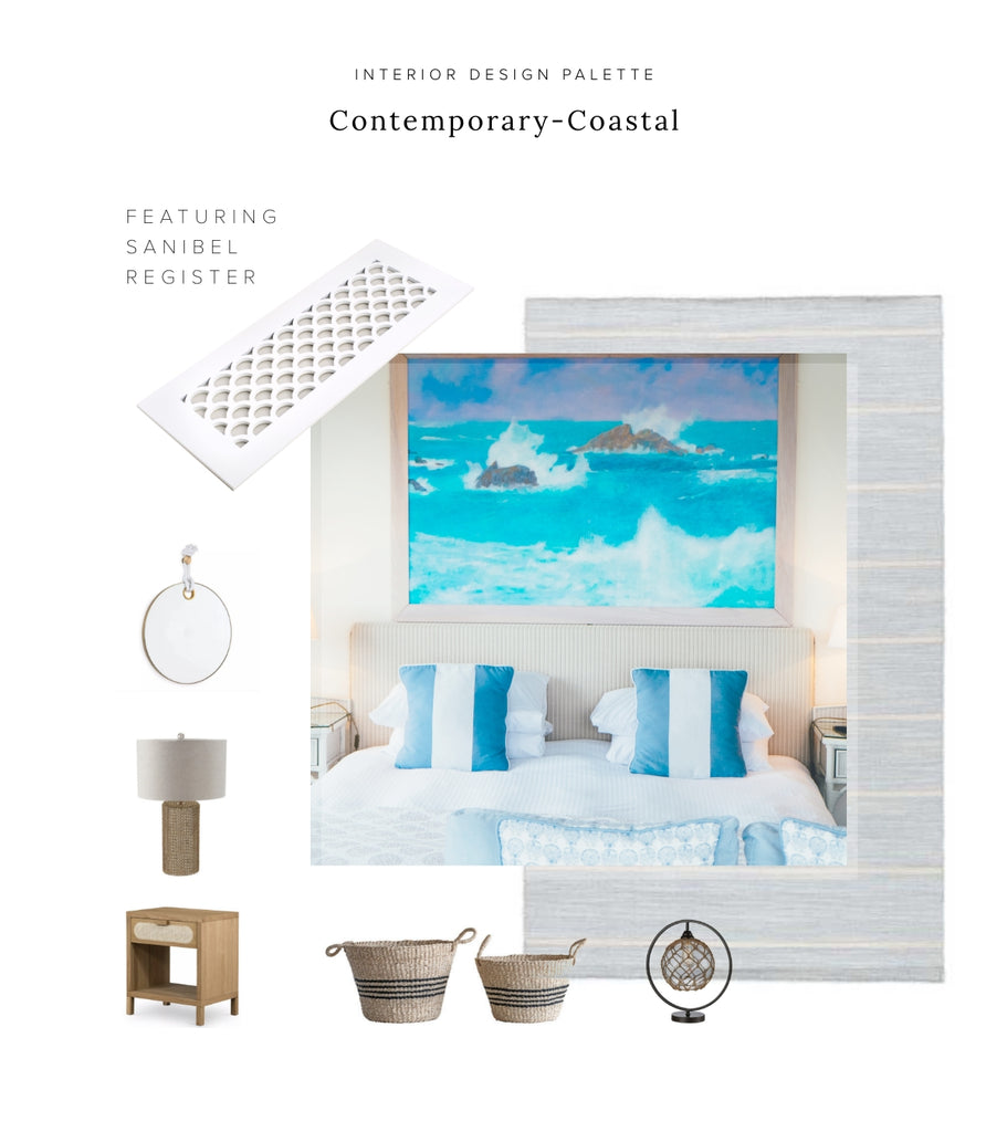 Coastal contemporary mood board with white and blue colors and light wood and grass elements.