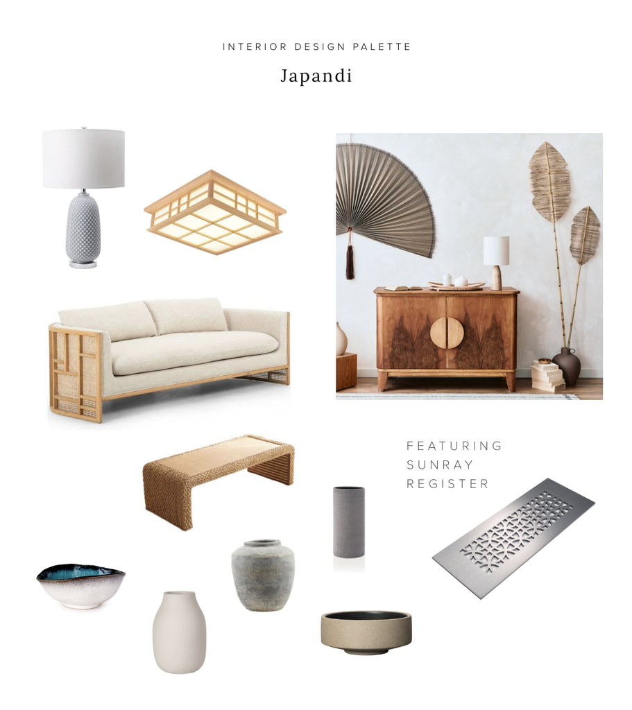 Mood board featuring Japandi style with neutral colors and natural materials. 