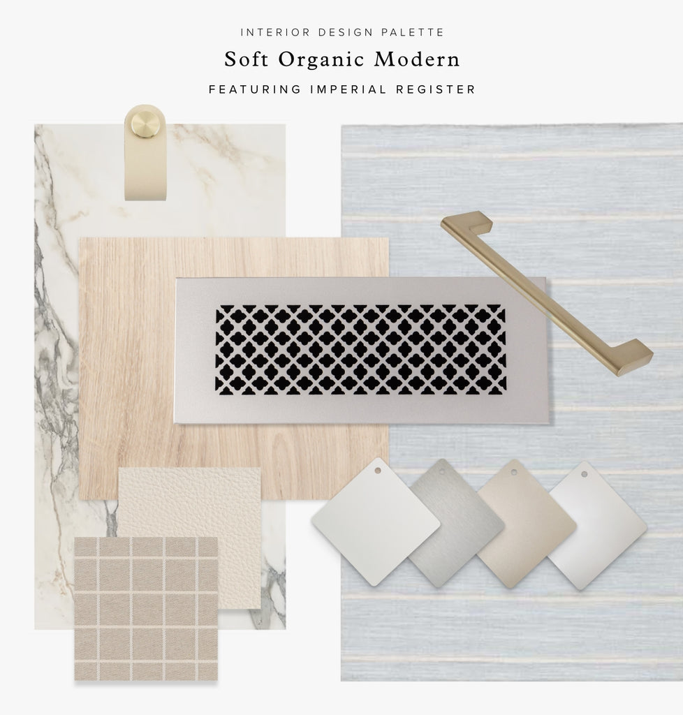 Mood board showing soft, neutral, and modern elements.