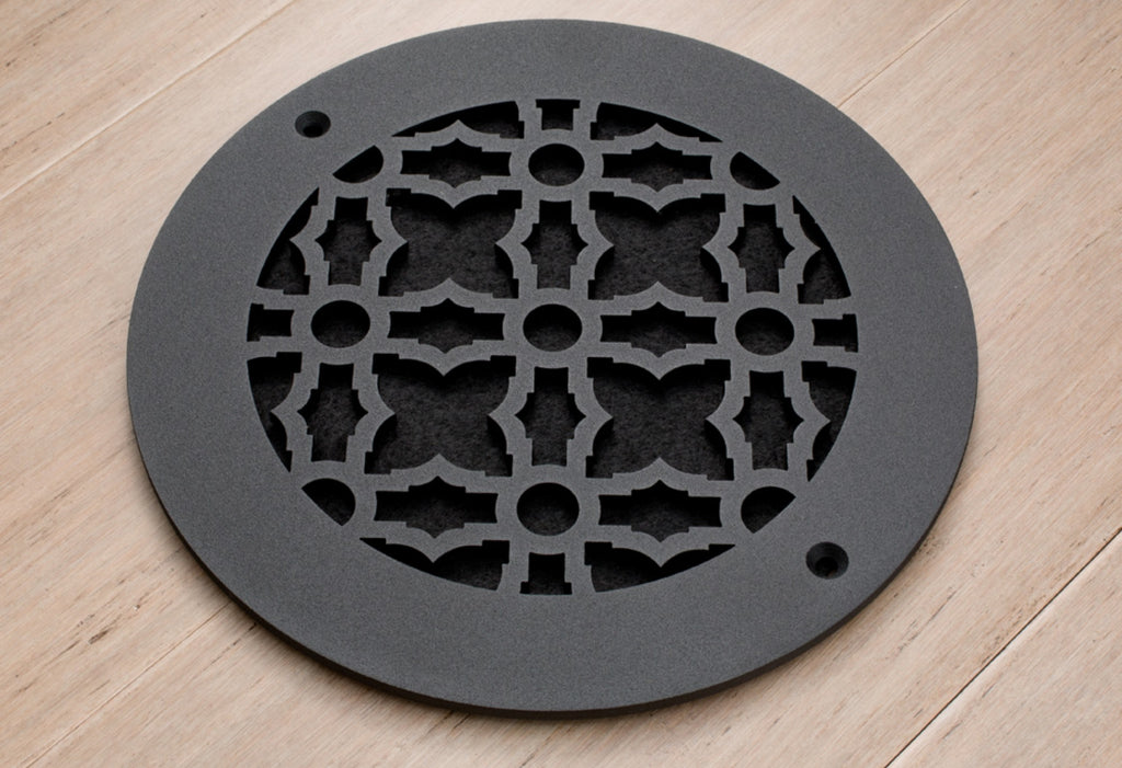 Round vent cover in oil rubbed bronze with intricate pattern.