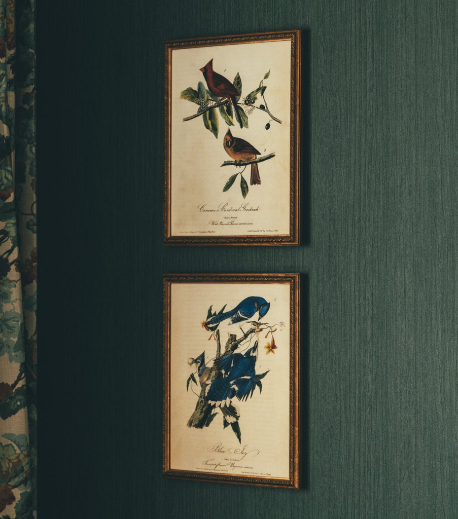 Two pieces of artwork featuring birds as the subjects