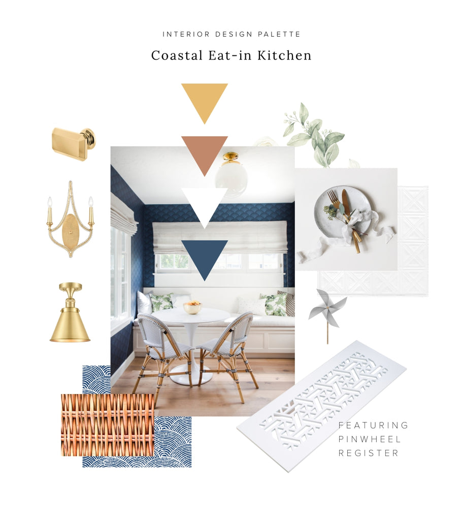 Mood board depicting elements of a coastal eat-in kitchen.