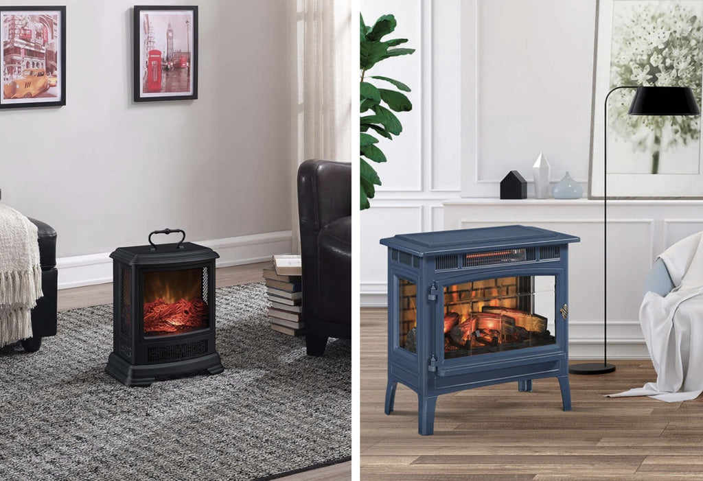 Stand alone electric fireplace stoves in a collage of two images.