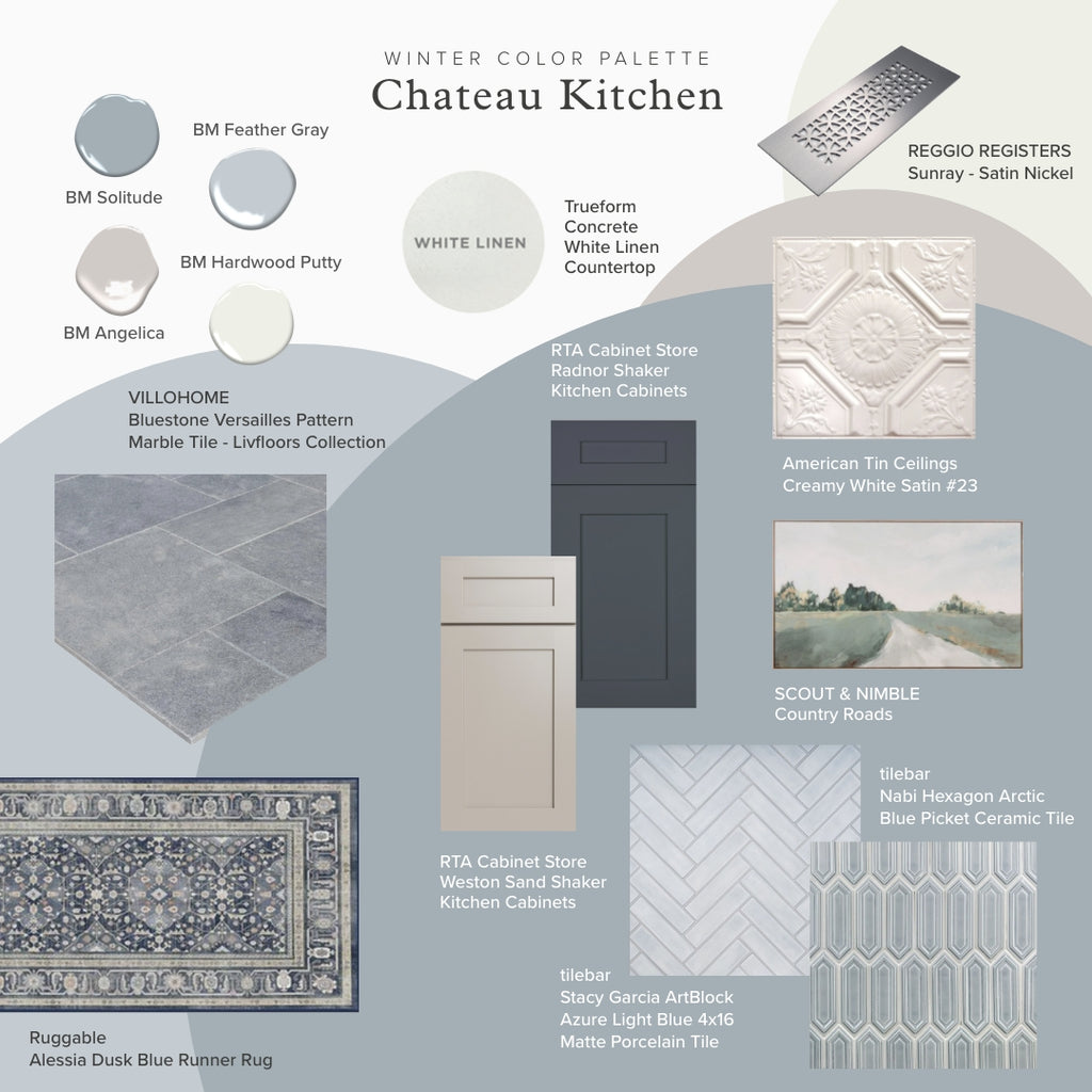 A "Chateau Kitchen" interior design scheme in a winter color palette featuring a Satin Nickel metallic register cover by Reggio Register