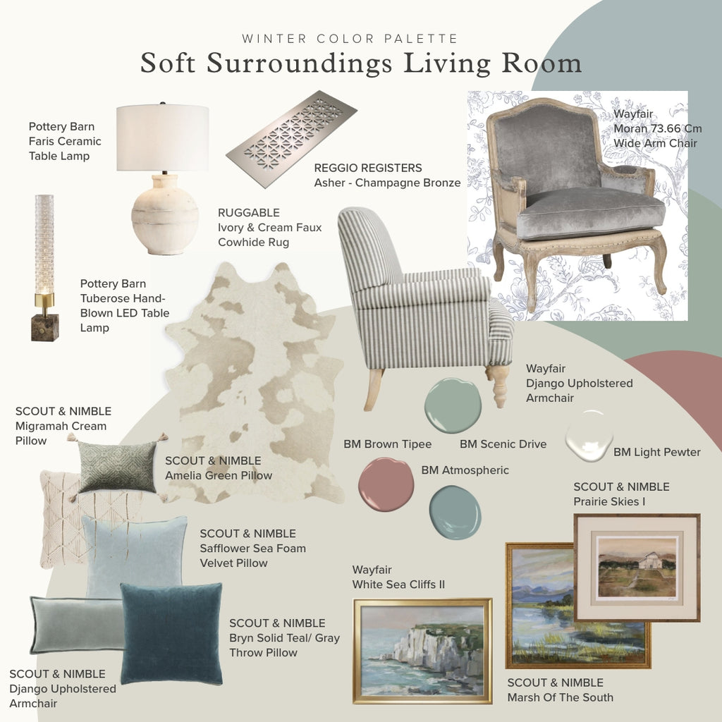 A "Soft Surroundings Living Room" design style featuring a winter color palette