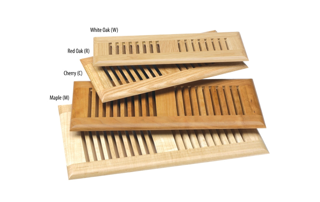 Wood registers in different types of wood: white oak, red oak, cherry, and maple.