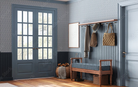 Blue mudroom with blue vertical striped wallpaper and french doors.