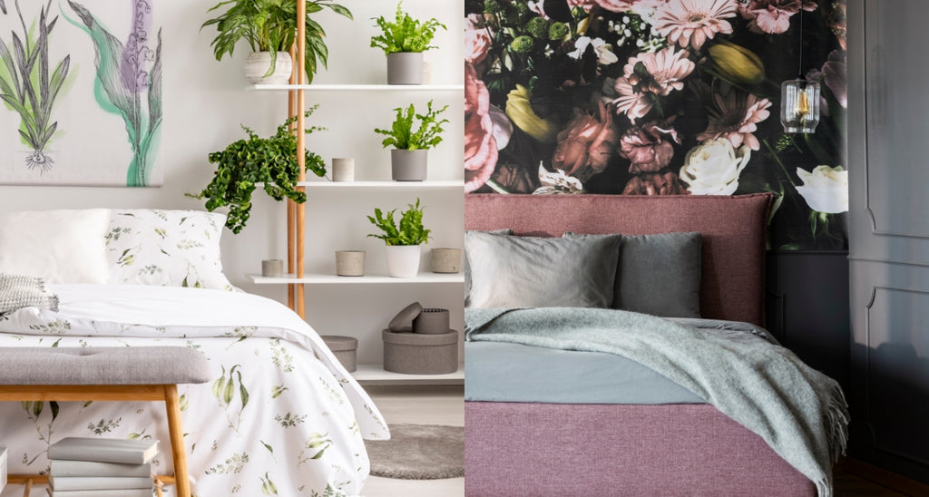 Collage with two cozy rooms with floral patterns.