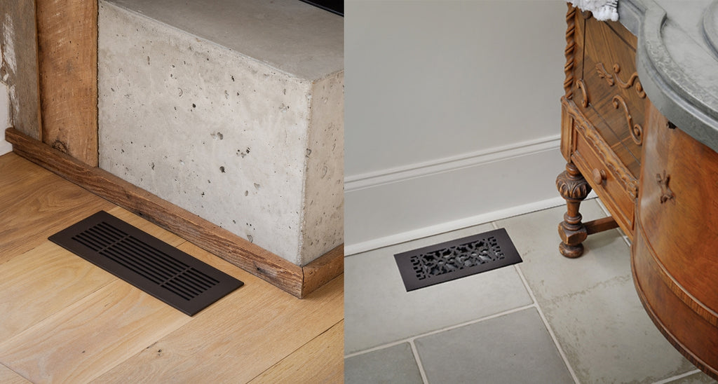 Collage of rooms in a house with black register in the floor.