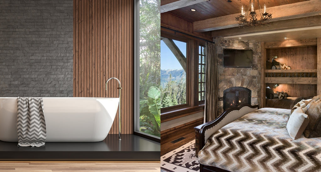 Collage of a bathroom and bedroom with stone floors and walls.