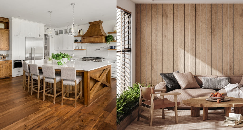 Collage with kitchen and dining room with rich wood floor, and a living room with wood plank wall.