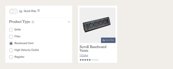 Screenshot of a filtered search for a baseboard vent cover.