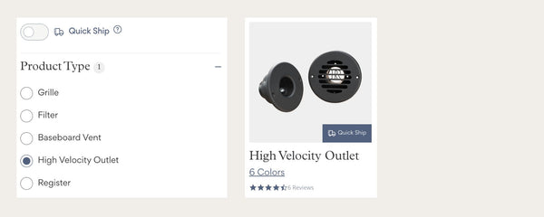 Screenshot of a filtered search for high velocity outlet vent covers.