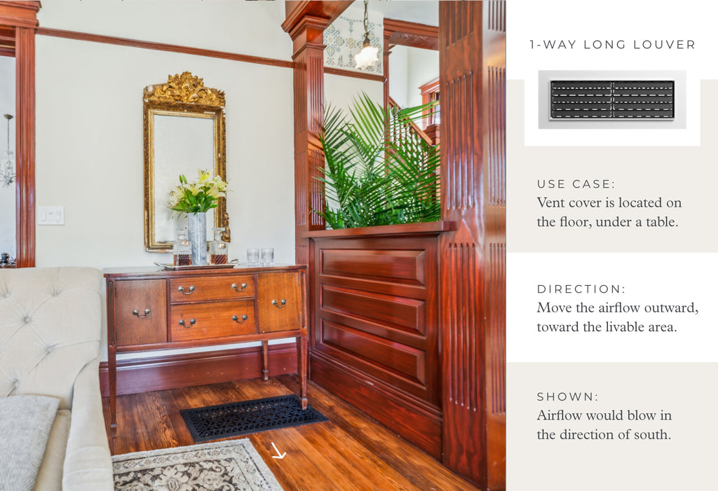 Graphic depicting a 1-way long louver placed under a table on the floor where the airflow should be directed outward toward the livable area.