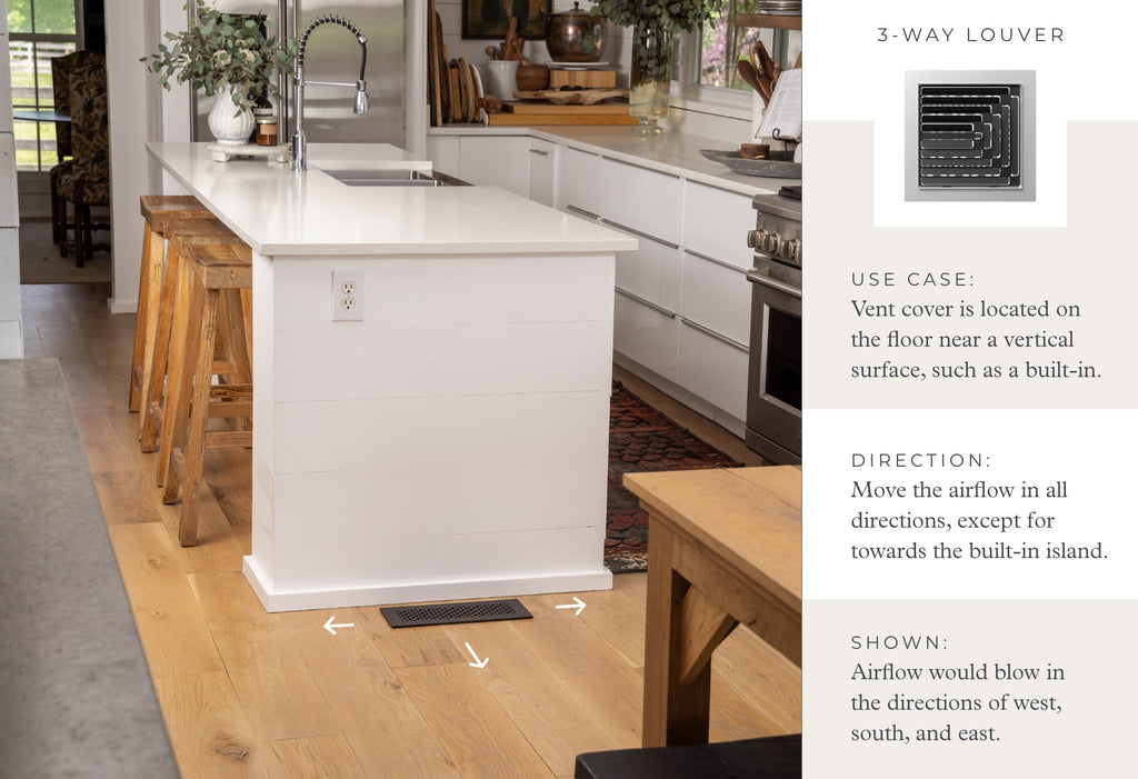 A graphic depicting a 3-way louver installed next to a vertical surface where airflow should be directed in all directions except for toward the island.