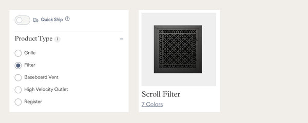 Screenshot of a filtered search for a filter vent cover.