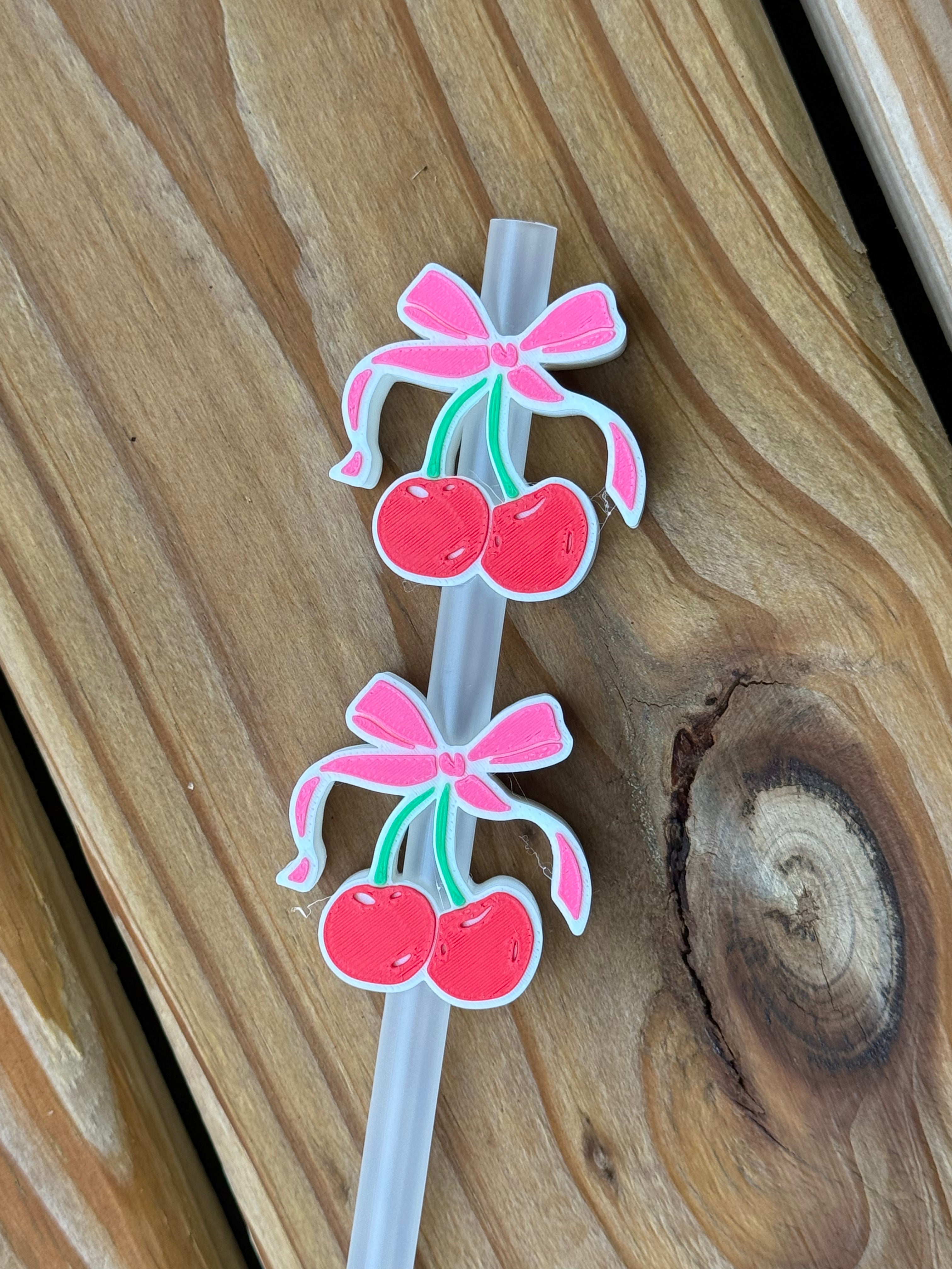 Cherries w/Pink Bow - 3d Straw Topper