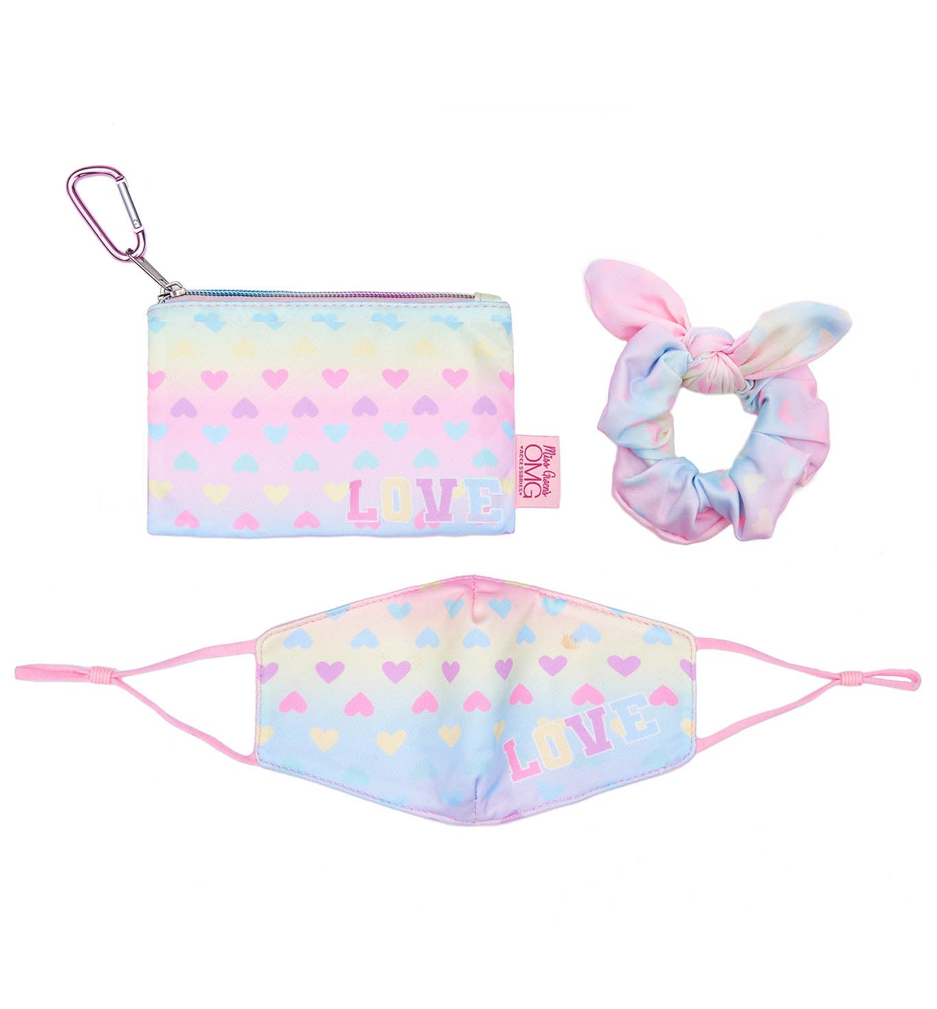 Love Ombre Heart Print Face Mask, Pouch and Scrunchies Set