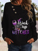 Button lapel design Halloween drink up witch print tee