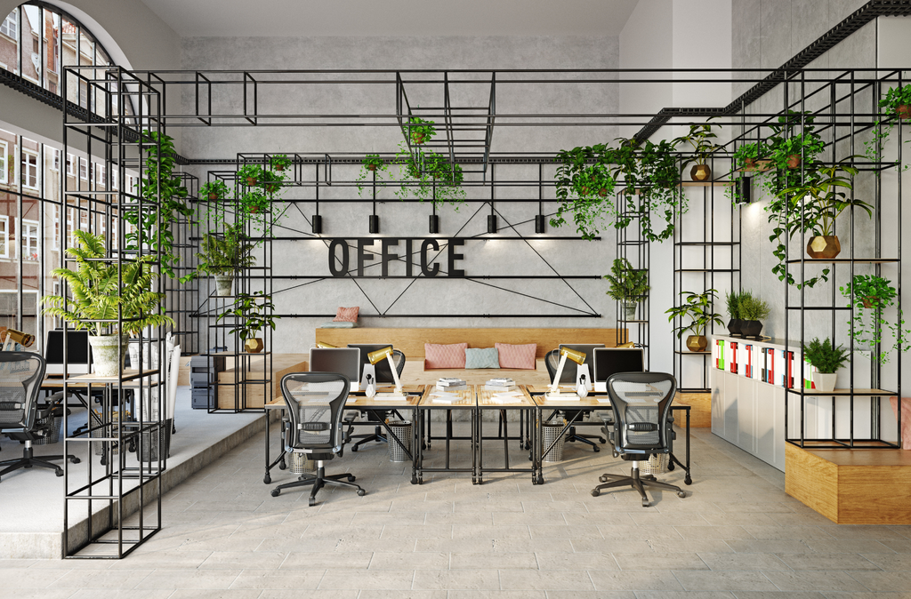 Large office space with metal shelving covered in hanging plants and indoor plants.