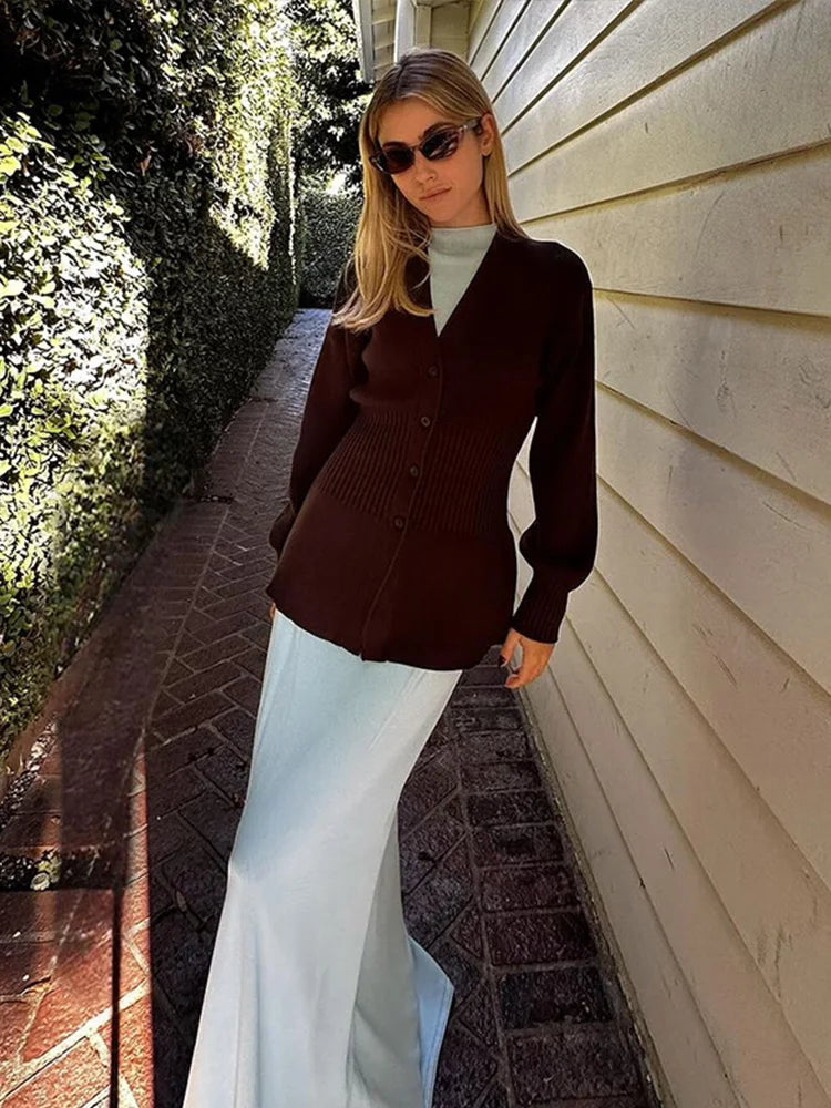 Cardigan de Malha Feminino com Decote em V e Manga Balão Chic