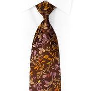 Orange Purple Floral On Brown Rhinestone Silk Necktie With Gold Sparkles