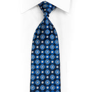 Blue Geometric Floral On Navy Rhinestone Silk Necktie With Silver Sparkles