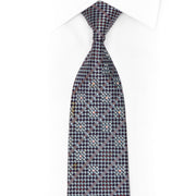 Silver Navy Checkered Rhinestone Silk Necktie With Purple Sparkles