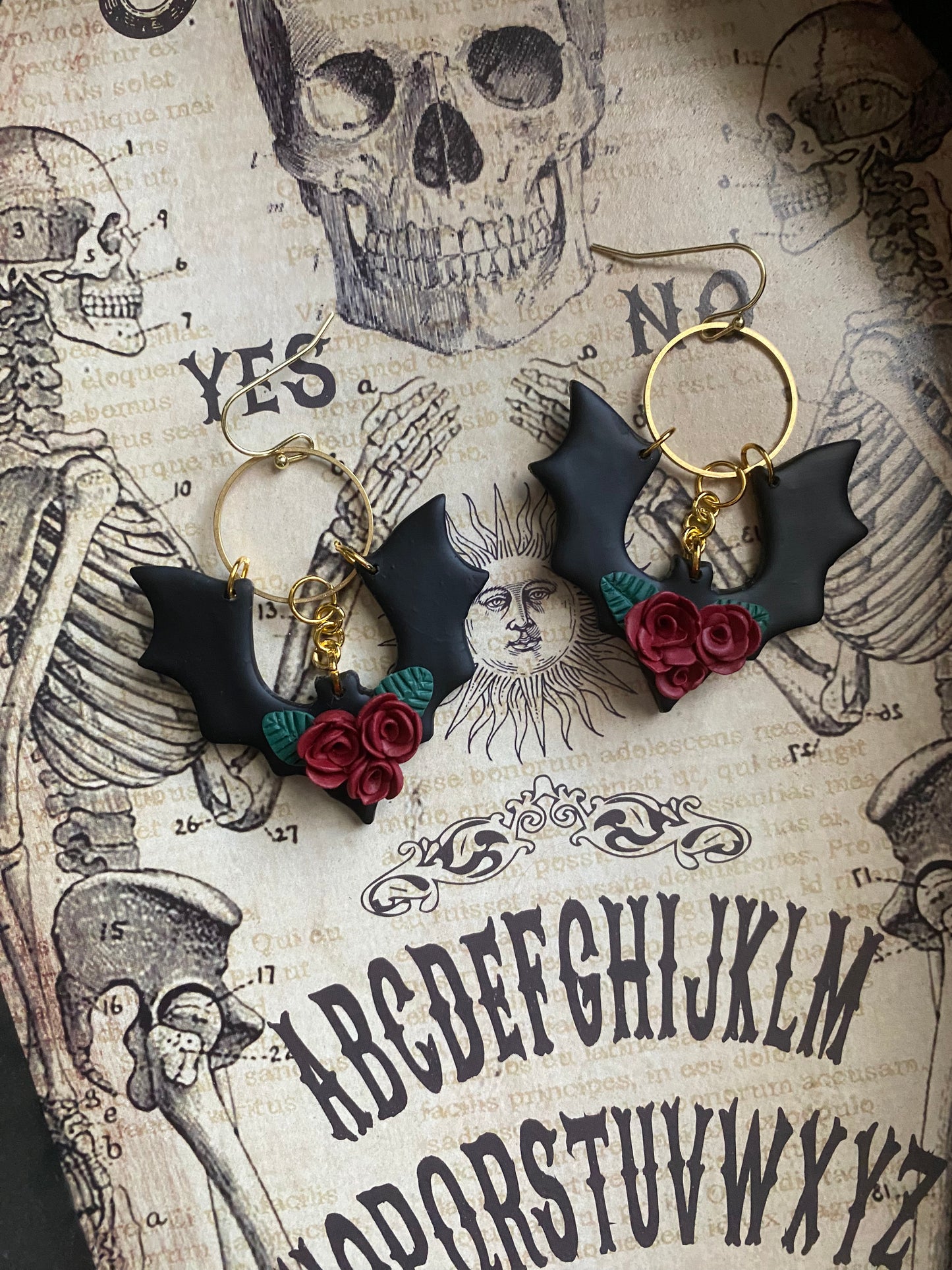 Chained Red Rose Bouquet Bat Earrings