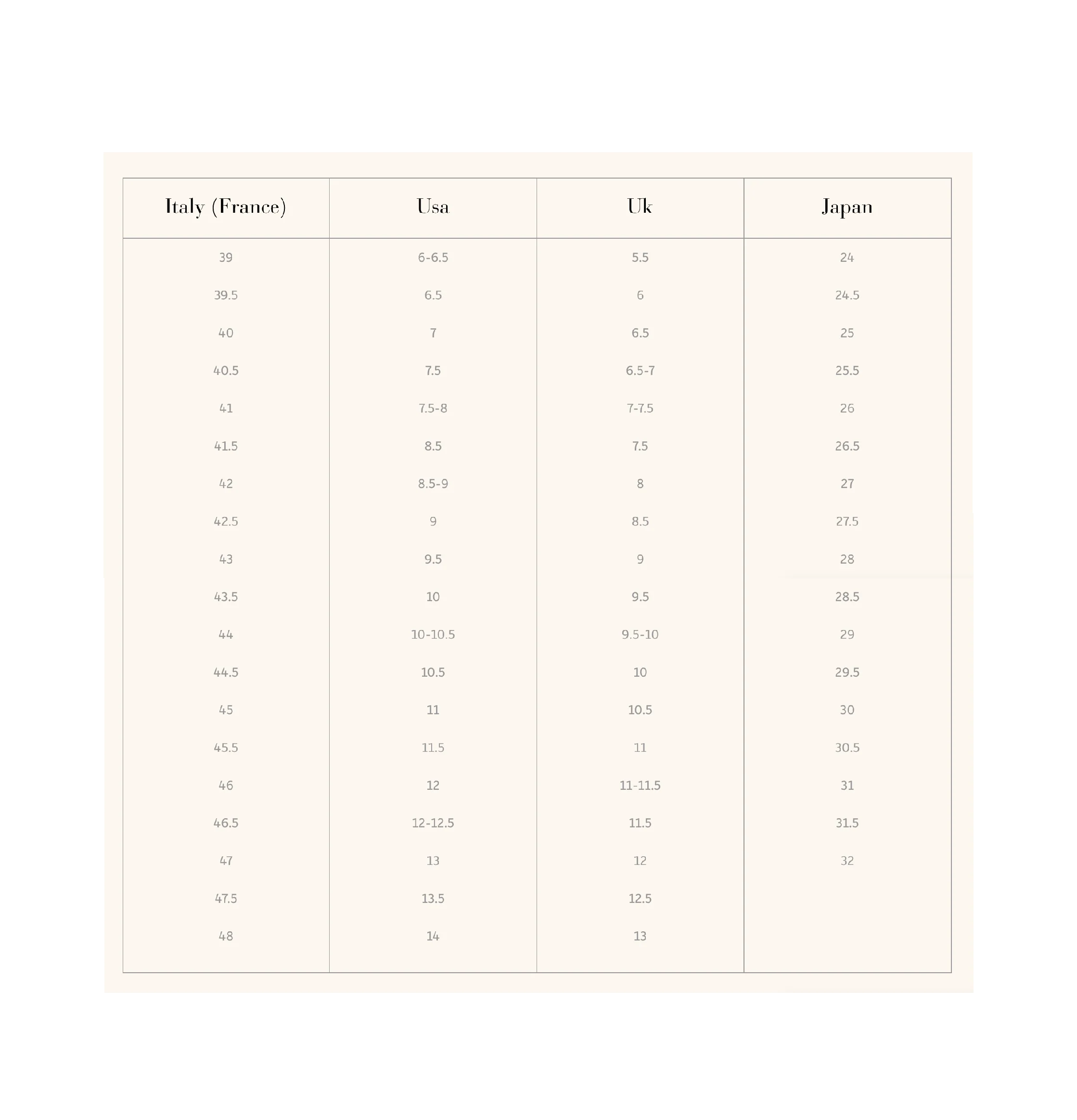 Stefano Bemer size conversion chart 