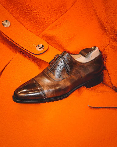 Stefano Bemer Museum Calf Oxfords Shoes and Orange Casentino Coat