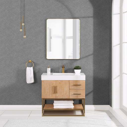 Bianco 60 Double Bathroom Vanity in Light Brown with Brushed Gold Support Base and White Composite Stone Countertop Without Mirror