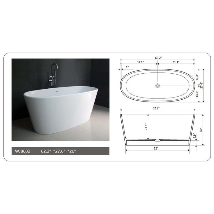 Legion Furniture 62.2"" White Matt Solid Surface Tub - No Faucet WJ8602-W